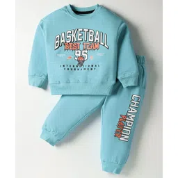 Smarty Boys Looper Knit Full Sleeves Night Suit with Text Print - Light Blue-picture-20