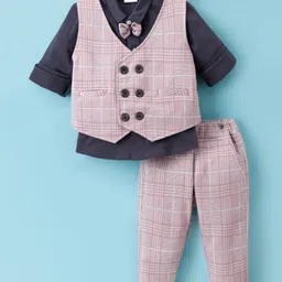 Mini Taurus Sinker Knit Full Sleeves Three Piece Party Suit With Checkered Design - Beige-picture-21