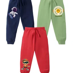 KAVEE Pure Cotton Knit Pack Of 3 Astronaut & Typography Printed Bio Washed Lounge Pants - Olive Green Red & Navy Blue-picture-36
