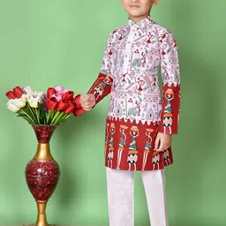 HUMAN CHOICE Boys Maroon Dupion Silk Printed Kurta & Pyjamas image 2