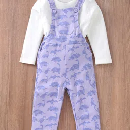 Babyoye Eco conscious Organic 100% Cotton Dungaree with Full Sleeves Tee Dinosaur & Text Print - Purple image 2