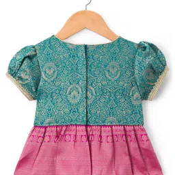 Babyhug Brocade Woven Half Sleeves Pattu Pavda Choli Lehenga & Dupatta Set With Floral Foil Print - Teal Blue image 3