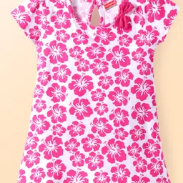 Babyhug Single Jersey Knit Half Sleeves Solid & Floral Printed A Line Frocks with Bow Applique Pack of 2 - Dark Pink & White image 4