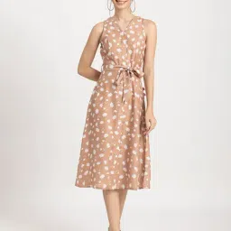 Moomaya Beige & White Floral Print Wrap Dress-picture-23