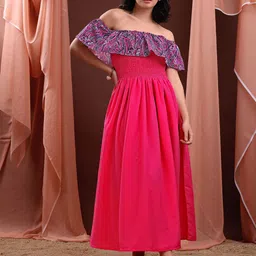 PURVAJA Women Paisley Printed Off-Shoulder Ruffled Smocked Fit & Flare Maxi Dress-picture-21