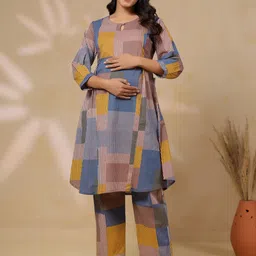 CRAFIQA Ocean Blue Multi Panelled Cotton Maternity Nursing Co-ord Set-picture-38