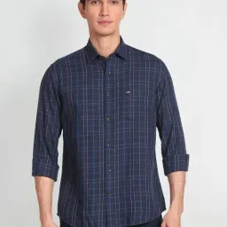 Arrow Sport Blue Cotton Slim Fit Checks Shirt-image-9