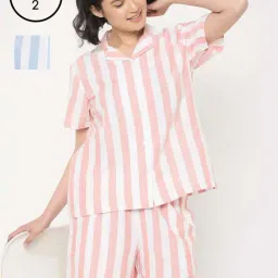 Clovia Blue & Pink Cotton Regular Fit Striped Night Suit - Pack Of 2-picture-10