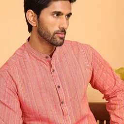 Anouk Peach Striped Woven Design Band Collar Straignt Kurta image 3