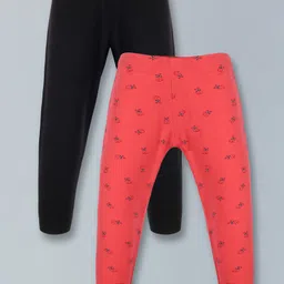 Plum Tree Pack Of 2 Solid & Lady Bug Printed Leggings - Black Coral Pink-picture-13