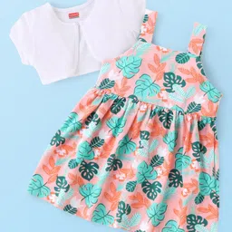 Babyhug Single Jersey Knit Half Sleeves Shrug with Tropical Theme Frock - Multicolor-picture-35