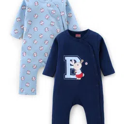 Babyhug 100% Cotton Full Sleeves Front Open Romper With Baseball Print Pack of 2 - Blue-picture-20