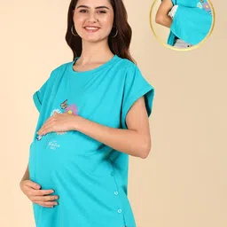 Zelena 100% Cotton Half Sleeves Floral Printed Zipless Feeding Maternity Top -  Sea Green-picture-13