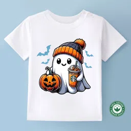 BLUSHES Halloween Theme 100% Cotton Half Sleeves Pumpkin Printed Tee - White-picture-25