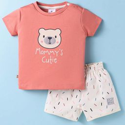 Ollypop Interlock Knit Half Sleeves T-Shirt & Shorts Set with Bear Print - Coral & White-picture-13