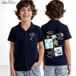 arias by lara dutta Arias Woven Half Sleeves Shirt With Coconut Tree Embroidery & Print on Front & Back - Navy Blue-picture-15