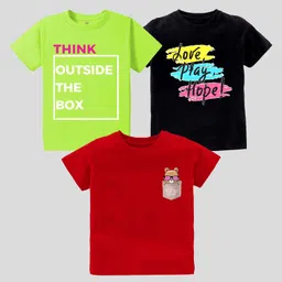 KAVEE Pure Cotton Pack Of 3 Half Sleeves Teddy Bear & Typography Printed Tees - Green Red & Black-picture-28