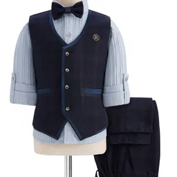 Rikidoos Full Sleeves Checked 3 Piece Party Suit With Bow Set - Navy & Light Blue image 1