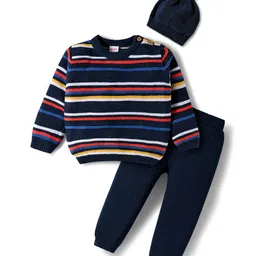 Babyhug Cotton Knitted Full Sleeves Striped Sweater Set With Cap - Navy Blue-picture-37