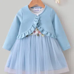 Mark & Mia Full Sleeves Winter Frock & Jacket with Frill Detailing & Floral Embroidery - Light Blue-picture-23