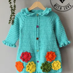 Woonie Hand Knit Full Sleeves Floral Applique Detailed Peter Pan Collared Crochet Sweater - Blue-image-13