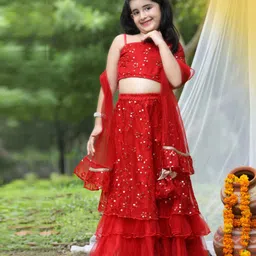 Cutiekins Net Woven Sleeveless Floral Embroidered & Sequins Embellished Lehenga Choli With Dupatta Set - Red & Gold-image-21