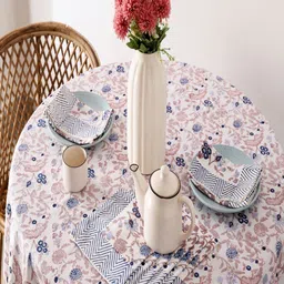 HANDICRAFT PALACE White & Pink Printed Cotton Round 6-Seater Table Cover With Napkin Set image 2