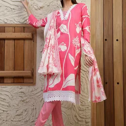 KALINI Women Floral Printed Regular Patchwork Kurta with Trousers & With Dupatta image 3