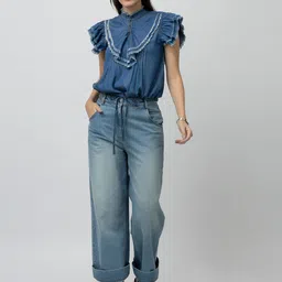 7OUNCE Women Solid Ruffled High Neck Denim Top-picture-24