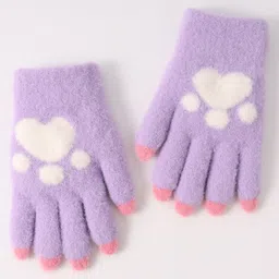 Babyhug Woollen Gloves with Heart Design - Lavender image 3
