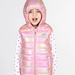 Babyhug Woven Sleeveless Padded Hooded Metallic Jacket with Pockets & Ear Applique - Pink image 3