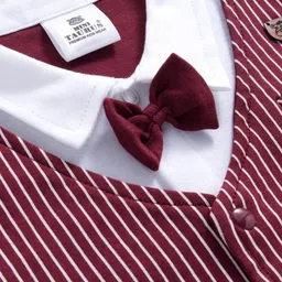 Mini Taurus Interlock Knit Full Sleeves Party Wear Striped Romper with Bow Applique - Brown image 3