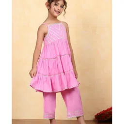 BIBA Cotton Woven Sleeveless Gota Lace Embellished Kurti & Pant Set - Pink image 4