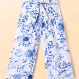 CrayonFlakes Half Sleeves Floral Printed Shirt Style Crop Top With Coordinating Palazzo Set - Off White & Blue image 5