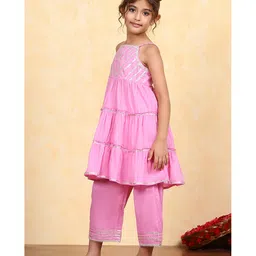BIBA Cotton Woven Sleeveless Gota Lace Embellished Kurti & Pant Set - Pink image 5