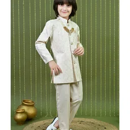 Ahhaaaa Jacquard Woven Full Sleeves Abstract Zari Embroidered Sherwani Pant Set - Cream image 5