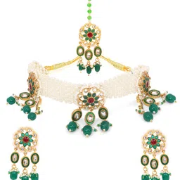 Yellow Chimes Gold-Plated White & Green Kundan Studded Handcrafted Choker Jewellery Set image 3