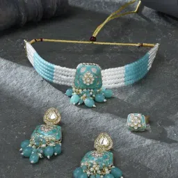 Zaveri Pearls Turquoise Blue Meenakari Beaded Kundan Choker Necklace Earring & Ring Set-ZPFK16504-picture-43