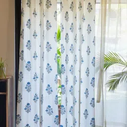 Urban Space Floral White & Blue Cotton 8 FT Long Door Curtains - Set of 2-picture-33