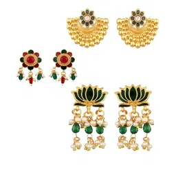 Stefan Set Of 3 Gold Plated Kundan Studded And Artificial Beaded Floral Drop Earrings-picture-13