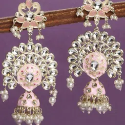 OOMPH Jewellery Gold Tone Pink Kundan and Pearl Peacock Shape Long Jhumki-picture-12