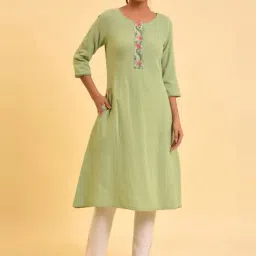 W Green Cotton Embroidered A Line Kurta-picture-26