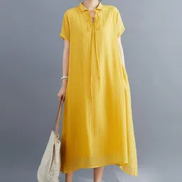 HERE&NOW Women Shirt Collar Tie Up Neck Shift Midi Dress-picture-16