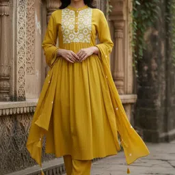 Philauri Women Embroidered Panelled Thread Work Cotton Kurta with Trousers & Dupatta image 3