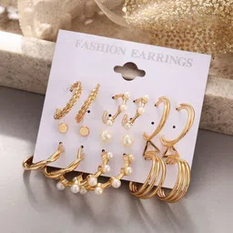 Zaphariq Set Of 9 Gold-Plated Pearls beaded Hoop Earrings-image-49