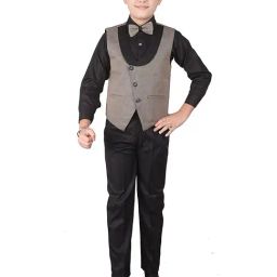 Pro-Ethic Style Developer Kids Beige & Black Printed Full Sleeves Shirt, Waistcoat, Pants with Bow-picture-20
