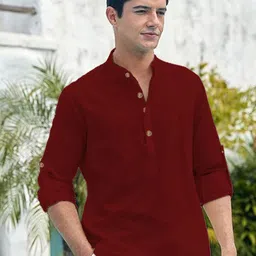 APEKTRA Cotton Mandarin Collar Roll-Up Sleeves Straight Short Kurta-image-65