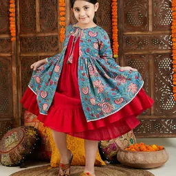 Vastramay Three Fourth Sleeves Flared Dress With Blue Kantha Work Embellished Jacket - Red & Aqua Blue-picture-28