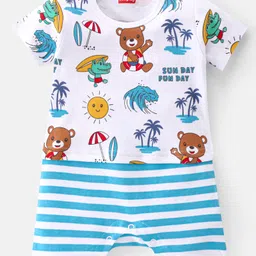 Babyhug 100% Cotton Knit Half Sleeves Striped Romper with Beach Theme - Blue & White-picture-27