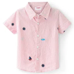 Babyhug Cotton Woven Half Sleeves Striped Shirt with Boat & Anchor Embroidery - Red-picture-10